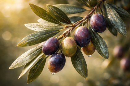 Portugiesische Galega Oliven am Ast nach einem regnerischen Tag, bereit zur Ernte